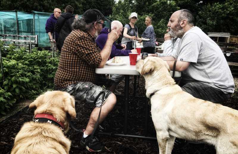 Coastline Sight and Hearing group photo of members and guide dogs attending a picnic at Scalby garden allotments